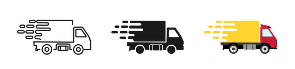 Delivery Truck icon set. Express delivery services commercial truck. Logistic trucking sign. Vector illustration.