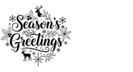 “Season’s Greetings” typography with decorative holiday icons vector illustration isolated in black and white