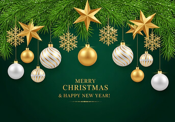 Festive christmas tree branches adorned with golden and silver ornaments and sparkling snowflakes isolated on white background