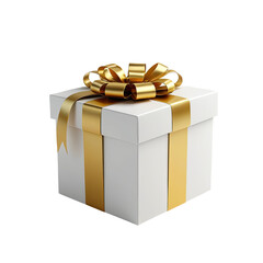 White box with gold ribbon tied in a bow, presenting a gift