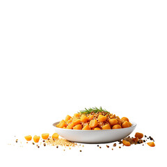 A white bowl filled with cubed orange food and greens, black background