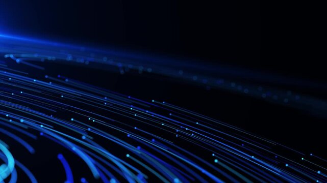 3D flowing strings animation on abstract technology background with vibrant colors and depth of field.