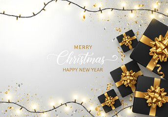 Elegant black gift boxes with golden ribbons and sparkling lights creating a festive christmas and new year greeting isolated on white background