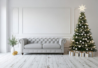 Elegant tufted sofa and illuminated christmas tree with gifts in a bright room isolated on white background