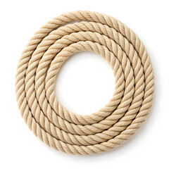 A thick natural fiber rope coiled into a perfect circle on a clean white background showcasing its braided texture and earthy tones