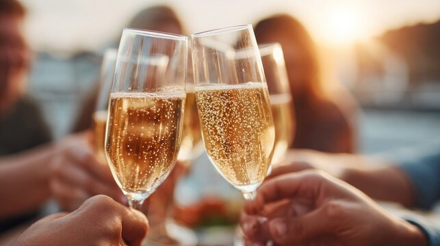 Cheers with champagne flutes, celebrating a special occasion with friends - Powered by Adobe