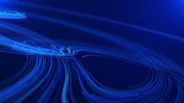 3D strings flowing background with abstract technology design, glowing rays, and depth of field effect.