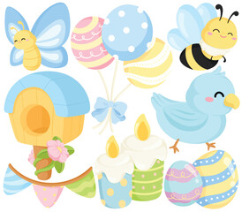 Cute Easter Spring Clip Art Set Butterfly Bee Bird Birdhouse Balloon Easter Egg Vector Illustration Isolated on White Background