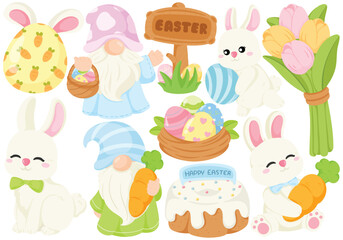Cute Easter Spring Clip Art Set Bunny Rabbit Gnome Easter Egg Tulips Vector Illustration Isolated on White Background