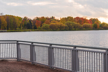 Metal fencing near a pond and park