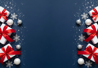 Festive christmas gift boxes with red ribbons and silver baubles arranged on a dark blue background with snowflakes isolated on white background