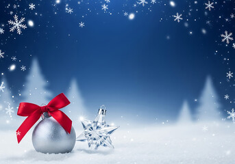 A festive silver christmas ornament with a red ribbon and a sparkling star decoration in a snowy winter landscape isolated on white background