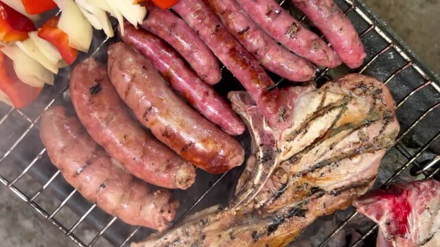 Barbacoa con carne y brochetas