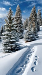 Obraz premium A snowy path stretches through a serene forest, flanked by tall trees, while sunlight bathes the landscape in a peaceful glow