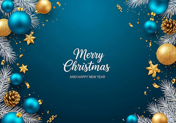 Festive merry christmas greeting with blue and gold ornaments and pine cones on a dark blue background isolated on white background