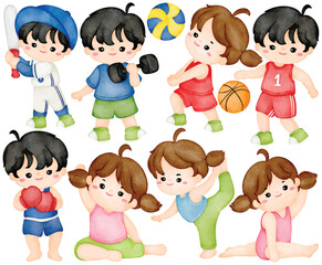 Watercolor Cute Kids Sport Clip Art Set Boy Girl Exercise Character Baseball Basketball Boxing Yoga Healthy Lifestyle Illustration Isolated on White Background Graphic Elements