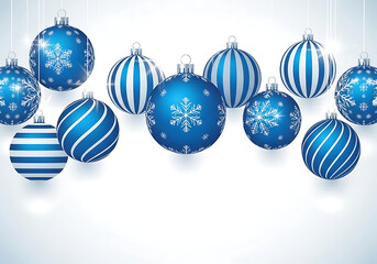 A collection of festive blue christmas ornaments with snowflake designs arranged on a clean white background isolated on white background