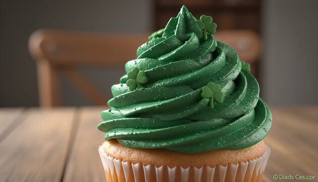 green frosted cupcake decorated with shamrocks for St. Patrick's Day celebration