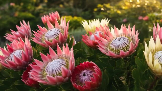Close-up of vibrant pink and red protea flowers with green foliage in soft sunlight