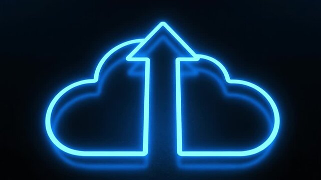 Glowing blue cloud symbol with upward arrow showcases data upload, cloud storage technology, and digital connectivity, representing modern innovation neon graphic design for seamless data management