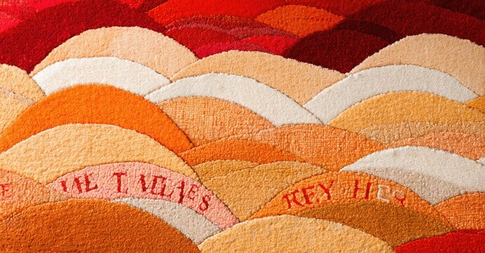 Textured rug displays rolling hills, warm colors. Words the times and key hds woven within design. Abstract landscape.