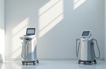 Two sleek, modern medical devices with touchscreens stand ready in bright, clean clinic room. Natural light casts shadows on white walls. High tech equipment for beauty, skincare treatments ready for
