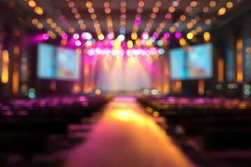 Defocused view of a conference hall, bright stage lighting