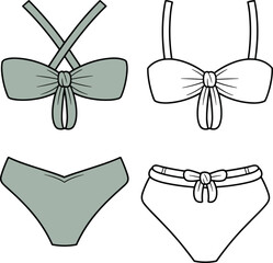 Women's stylish tie-front bikini swimsuit fashion flat technical sketch vector illustration for swimwear design and apparel template.