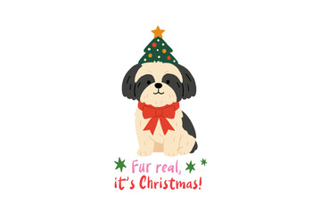 Funny Shih Tzu Dog with Christmas Tree Hat and 'Fur real, it's Christmas' Pun