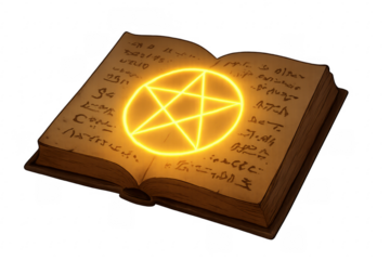 Ancient spell book with glowing pentagram symbol