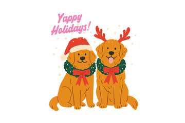 Yappy Holidays, Two Cute Golden Retrievers with Christmas Greeting Sublimation Design