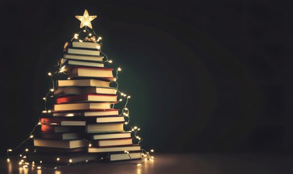 Stack of books forming a creative christmas tree, illuminated with warm string lights and a glowing star