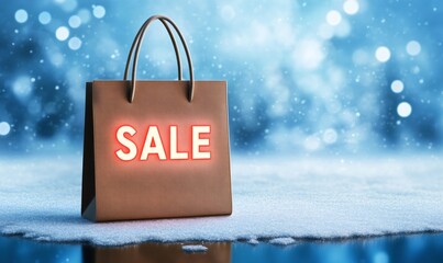Shopping bag displaying a glowing sale message on reflective snowy ground, symbolizing winter discounts and holiday retail