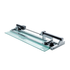 Metallic paper cutter with glass base and black details, isolated on black
