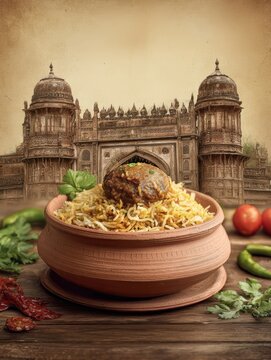Delicious Indian Biryani with Lamb in Earthy Clay Pot Served Against a Backdrop of Char Kaman Hyderabad Architecture