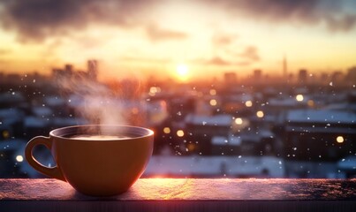 Obraz premium Steaming mug of hot coffee on a snowy railing with a blurred city skyline during an orange winter sunrise