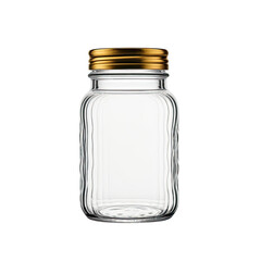 Clear glass jar with ribbed sides and a metallic gold lid, isolated on black