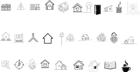 Collection of hand drawn simple house icons and symbols in a minimalist sketch style on a white background