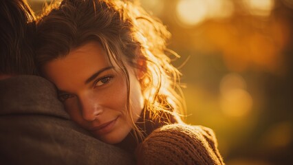In Love in Autumn realistic photography of woman resting her head on partner’s shoulder, backlit by golden sunset light