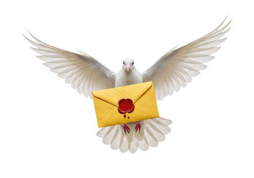 White dove carrying a yellow envelope with red seal transparent background cutout png