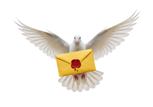 White dove carrying a yellow envelope with red seal transparent background cutout png - Powered by Adobe