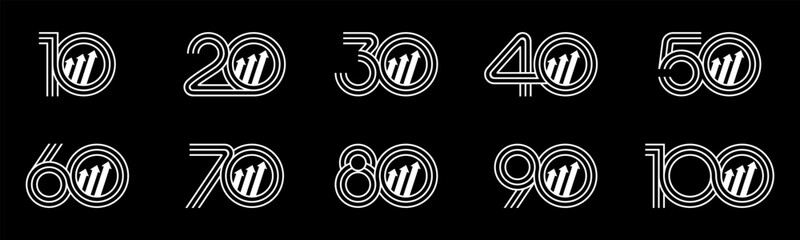 Set of collection numbers 10 to 100 with Arrow element vector illustration. Arrow up element with numbers 10, 20, 30, 40, 50, 60, 70, 80, 90, 100 for greetings, anniversary and more.