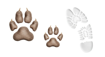 Digitally rendered animal paw prints in brown and white hues over black