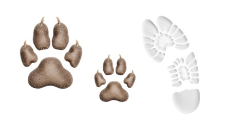 Digitally rendered animal paw prints in brown and white hues over black