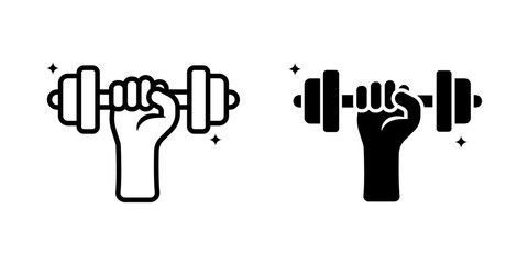 Dumbbell icon set. A minimalist icon illustration of a hand holding a dumbbell. perfect for fitness, exercise, training, and gym related designs. Isolated on white background.