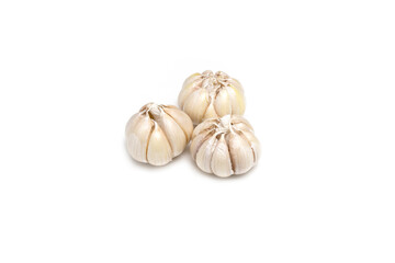 Three Fresh Garlic Bulbs Isolated White Background Organic Ingredient