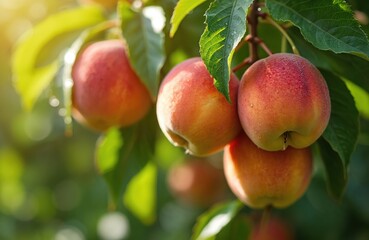 Obraz premium Fresh juicy peaches grow on tree branch in sunny summer orchard. Ripe delicious fruits hang with water drops. Sunlight shines through green leaves, showing natural organic farming, ready for harvest.