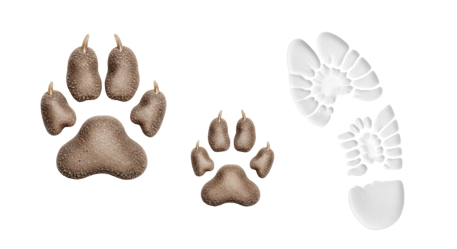 Digitally rendered animal paw prints in brown and white hues over black