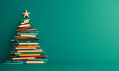 Writing pens arranged in a creative christmas tree shape, topped with a golden star on a solid teal background