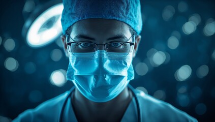 Close up of a surgeon wearing surgical mask and cap with bright lights in the background focus on eyes